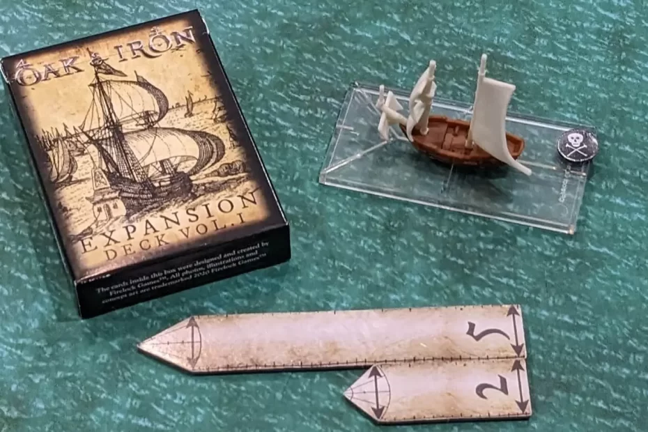 Oak & Iron Expansion Deck Volume 1 deck, pirate ship miniature and movement tokens