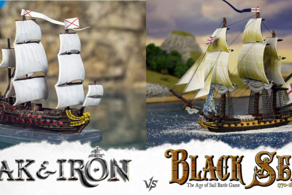 Oak & Iron vs Black Seas - one miniature from each game over the game logos