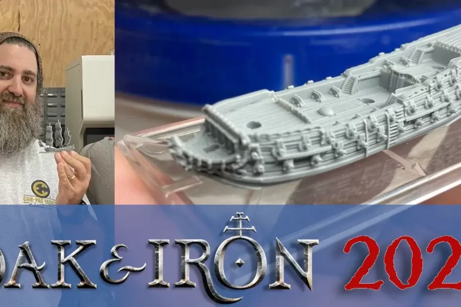 Oak & Iron - Coming Soon in 2023; Mike Tunez of Firelock Games holding a 3rd Rate ship; 3rd Rate ship hull closeup